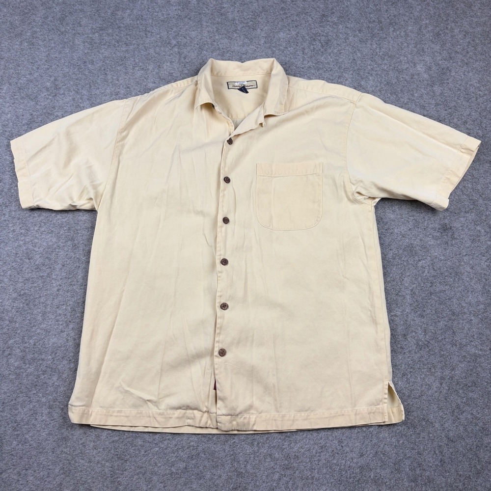 Tommy Bahama Button Down Shirt Mens Medium Yellow Silk Blend Herringbone Beach